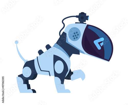 Futuristic robot dog. Cartoon electronic robotic toy. Modern automatic moving bot with remote control and artificial intelligence. Isolated cute mechanical pet giving paw. Vector friendly android