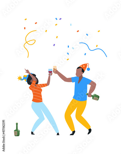 Joyful people. Dancing cartoon characters celebrate birthday. Cute man and woman in holiday hats raise glasses with alcohol drinks. Fun party with colorful confetti and disco music vector illustration