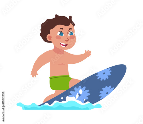 Kids surfing. Cartoon boy riding board on ocean waves. Extreme water sport. Active pastime at beach. Entertainment and leisure activities on summer vacation. Vector teenager in swimsuit with surfboard