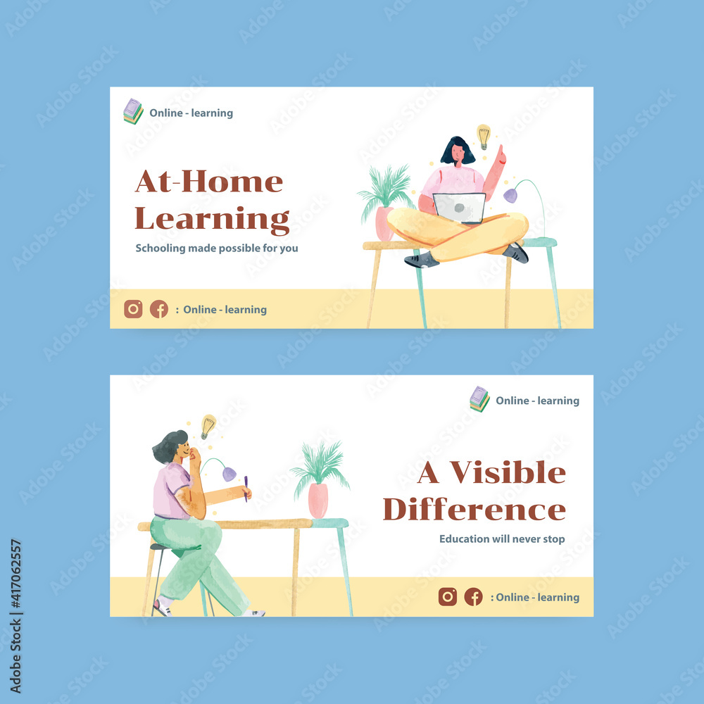 Twitter template with online learning concept design for social media and community watercolor illustration Twitter template with online learning concept design for social media and community watercolor illustration