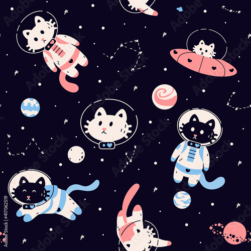 Space animals pattern. Seamless black background with cosmic spaceship planets stars and cute funny cats wearing spacesuits. Cartoon decor textile, wrapping paper wallpaper vector print or fabric