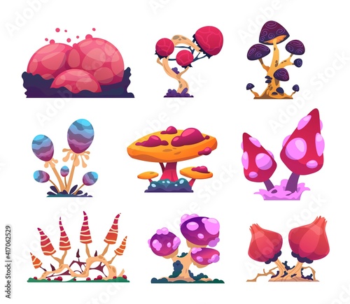 Alien mushrooms. Cartoon colorful fantasy flora. Extraterrestrial nature. Mystical magical ingredients for potions. Isolated toadstools types set. Bizarre grebes with spores. Vector fictional funguses