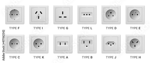 Realistic socket. 3D white plastic devices for access to electric power. Different types set of connectors and adapters. Isolated electrical equipment on wall. Vector appliance set for charging supply photo