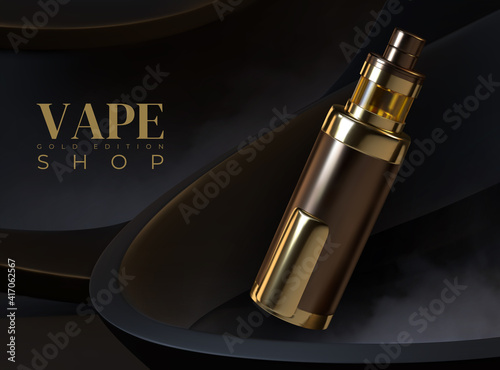 Vape advertising. Realistic electronic cigarette. 3D golden vaping device. Plastic container with liquid aromatic flavor. Black billboard of merchandise limited edition. Vector promotional banner