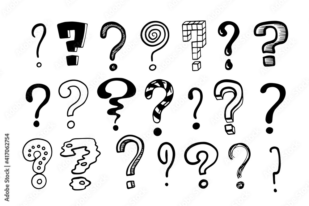 Question marks. Doodle hand drawn isolated set of interrogation signs, graphic inky punctuation icons. Vector collection of black and white asking symbols for expressing misunderstandings and doubts Question marks. Doodle hand drawn isolated set of interrogation signs, graphic inky punctuation icons. Vector collection of black and white asking symbols for expressing misunderstandings and doubts