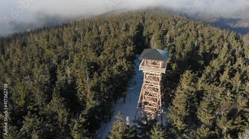 Post and beam observation tower on Radziejowa summit in Beskids Mountains