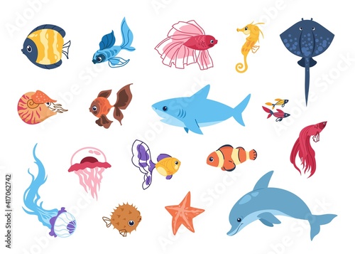 Cartoon sea animals. Funny tropic underwater creatures  colorful exotic aquarium fish set. Marine stingray or seahorse  cute shark and dolphin. Isolated bright undersea inhabitant. Vector ocean fauna