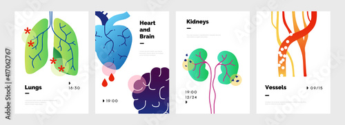Body organs poster. Abstract doodle banners set with lungs and kidneys, heart or brain. Circulatory system consisting of veins and arteries. Vector presentation simple mockup for medical conference