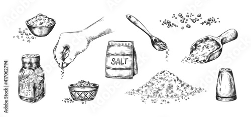 Hand drawn salt. Realistic saltcellar or bowl with salty flavor seasoning. Heaps of powder and scoops with sodium crystals. Tradition ingredient for cooking and conservation food. Vector sketches set