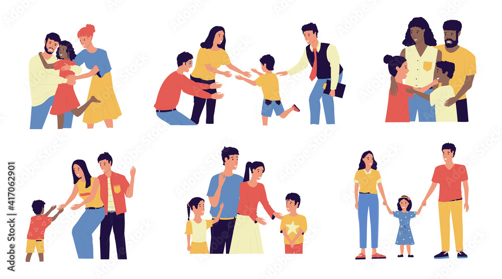 Adoption. Cartoon young couple adopt happy international kids. Cute scenes of cheerful foster parents. Caring for orphan. Mother and father hugging children. Vector multiracial families illustration