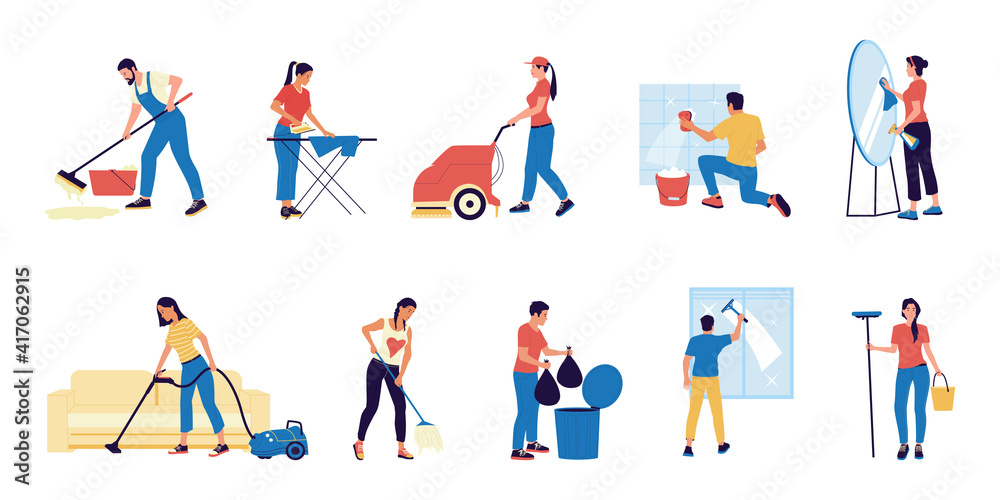 Housekeeper. Cartoon characters with mops and buckets washing floor or window. People taking out trash and ironing clothes. Isolated scenes set of maid work from cleaning service. Vector housekeeping Housekeeper. Cartoon characters with mops and buckets washing floor or window. People taking out trash and ironing clothes. Isolated scenes set of maid work from cleaning service. Vector housekeeping