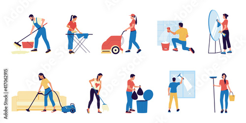 Housekeeper. Cartoon characters with mops and buckets washing floor or window. People taking out trash and ironing clothes. Isolated scenes set of maid work from cleaning service. Vector housekeeping