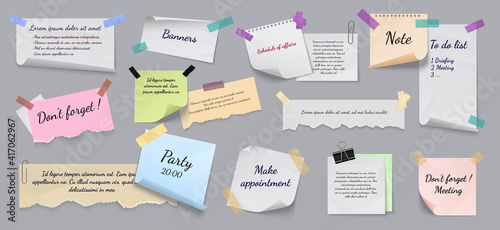 Sticky notes. Realistic reminders on adhesive tapes with clip binders and pins, torn notebook sheets. Writing memos on crumpled notepapers with folded corners. Vector colorful paper pages and lists