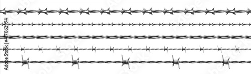 Barbed wire. Realistic seamless barbwire fence. Military border of curved steel. Iron protective construction for prison and army. Prickly twisted metal cable. Vector isolated lines for spiny barrier photo