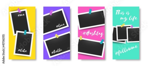 Social media editable story frames. Trendy banners with blank moment photos. Photographs attached to adhesive tape. Colorful templates set for network with and copy space. Vector snapshot mockup
