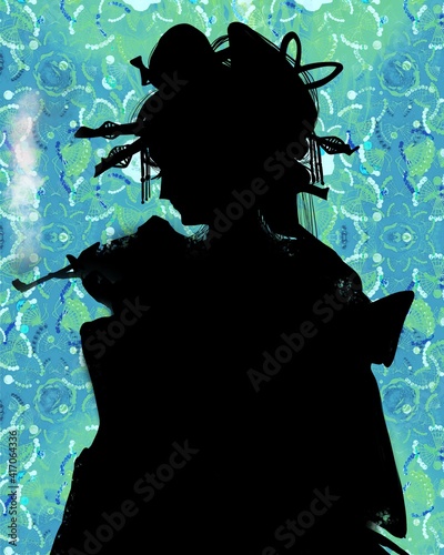 Quadro su tela Silhouette of a Japanese geisha having a smoke pipe in front of asiatique wallpa