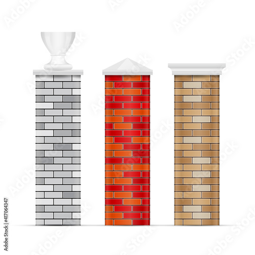 Brick fence posts with caps. 3D vector illustration isolated on white.