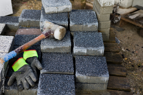 Work on laying concrete paving stones