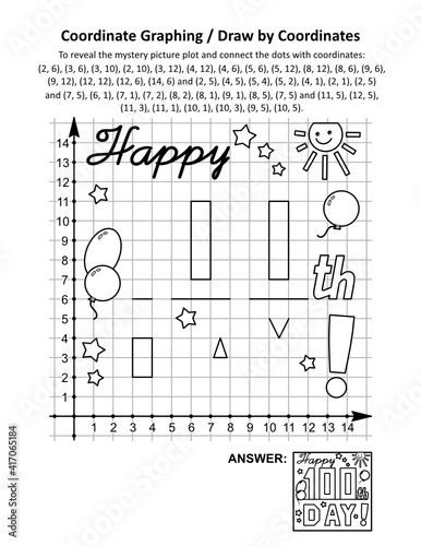 100th day of school learning celebration coordinate graphing, or draw by coordinates, and coloring page math worksheet with “Happy 100th day!” greeting mystery picture. Answer included.
