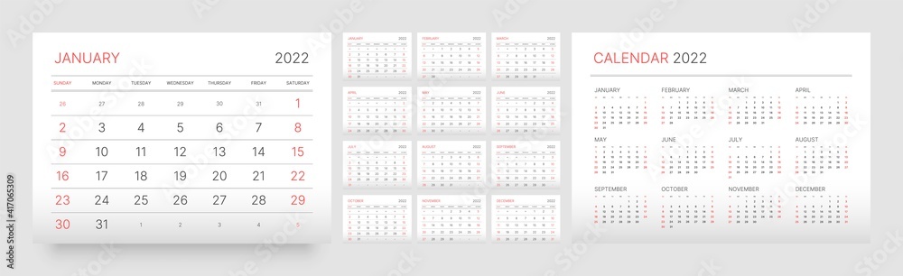 Wall or desk calendar template for 2022 with week start on Sunday. Wall or desk calendar template for 2022 with week start on Sunday.