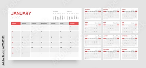 Monthly calendar template for 2022 year. Week Starts on Sunday. Wall calendar in a minimalist style.