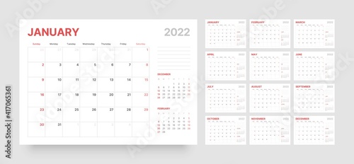 Wall calendar template for 2022 year. Planner diary in a minimalist style. Week Starts on Sunday. Monthly calendar ready for print.