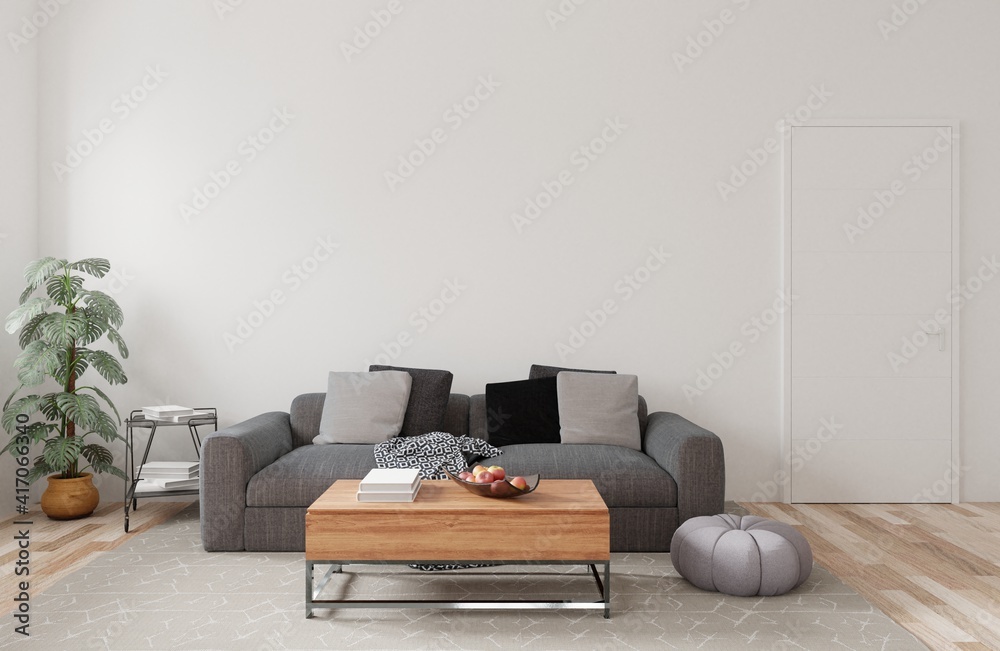 Fototapeta premium Modern living room interior design. gray sofa on white wall.