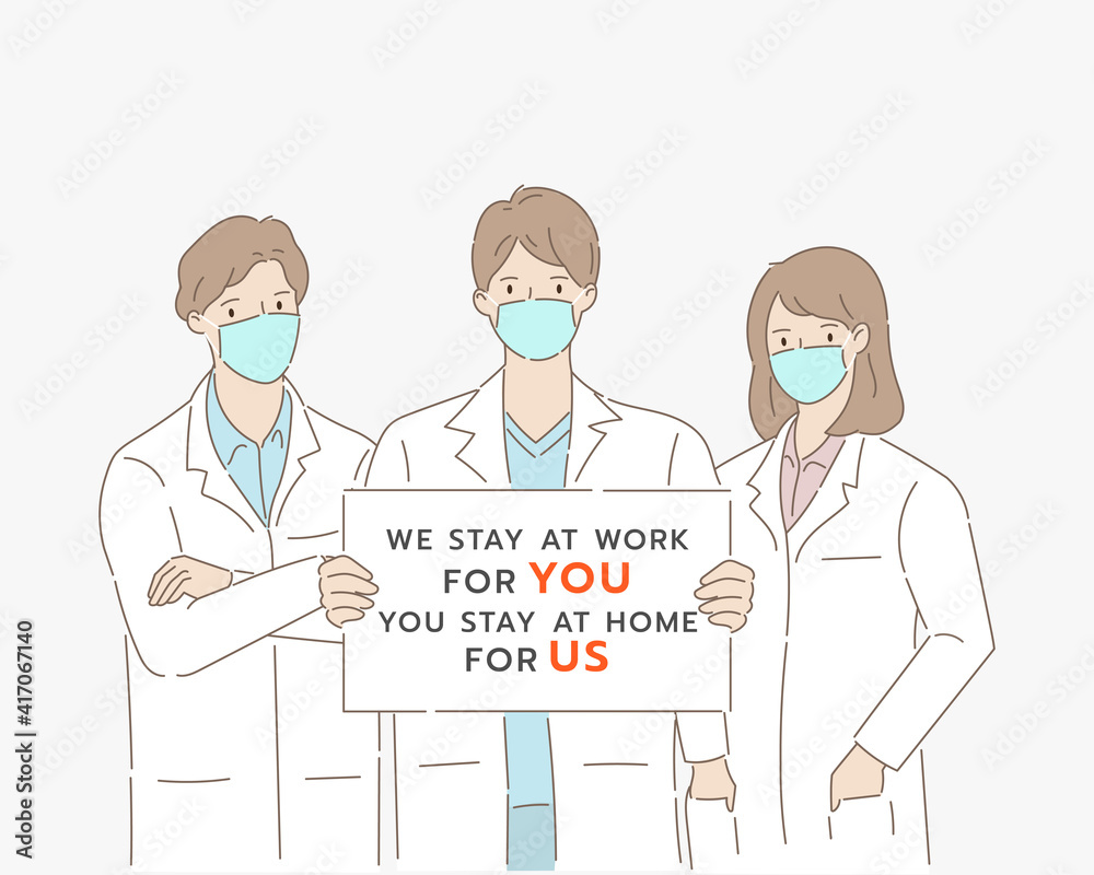 Set of doctors wearing medical mask and holding message board asking people to Set of doctors wearing medical mask and holding message board asking people to
