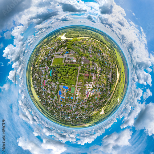 Wallpaper Mural little planet 360-pano - small one-storey houses and a small park in the center of the village by the fast mountain river Laba - summer sunny day Torontodigital.ca