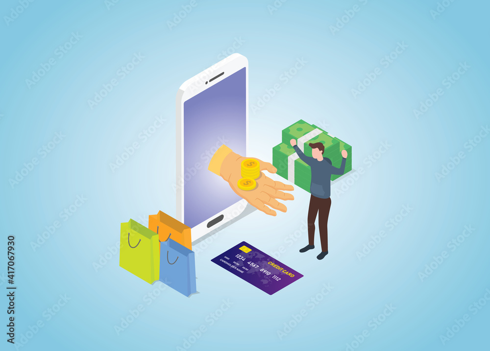cashback program on e-commerce transaction with modern isometric style
