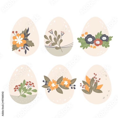 Easter eggs decorated with flowers, leaves and berries. Happy Easter. Flat design, vector illustration