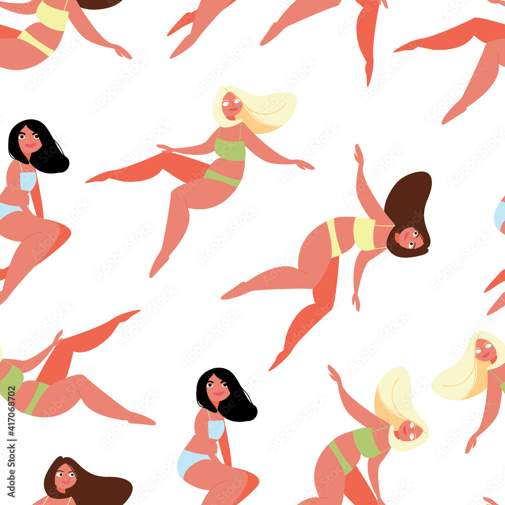 Seamless pattern of different women in underwear. Self-love, body positivity. Vector colorful illustration on an isolated white background. Hand-drawn cute graphic design. Wallpaper, textiles.