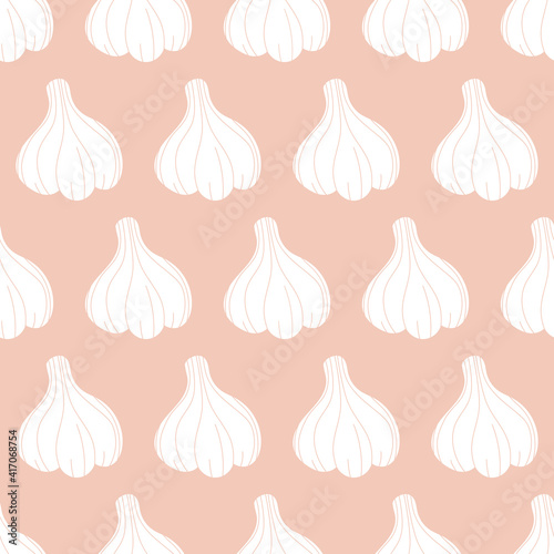 White garlic bulbs vector seamless pattern background.
