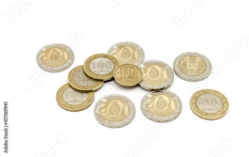 Metal coins of the Republic of Kazakhstan on a white background.Money of Kazakhstan isolated on a white background.