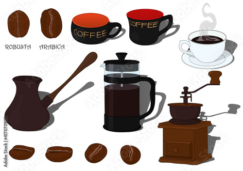 Coffee vector illustration set. Coffee beans, arabica, robusta, cups, grinder, coffee turk, french press