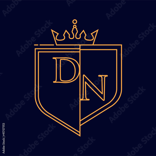 DN initial logotype, colored orange with emblem and crown, line art and classic design, isolated on dark background.