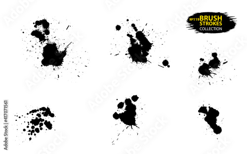 Ink drops and splashes. Artistic dirty grunge abstract spot vector set. Set of black splash on white background. Grunge ink blots and drops. Grunge ink splotches. Vector set of brush stroke