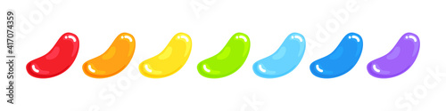 Jelly beans gummy sweet candies set with amazing flavor flat style design vector illustration. Bright colorful jelly delicious sweets candy collection isolated on white background.
