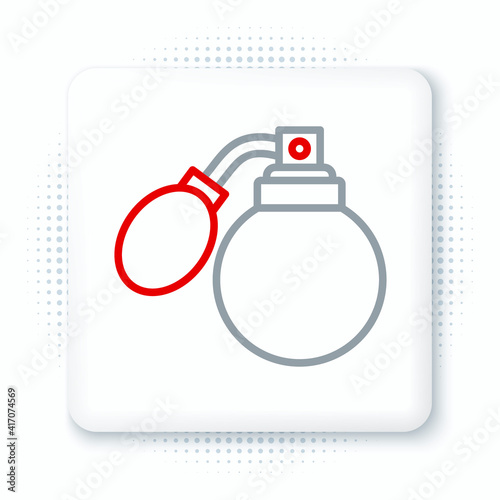 Line Aftershave bottle with atomizer icon isolated on white background. Cologne spray icon. Male perfume bottle. Colorful outline concept. Vector.