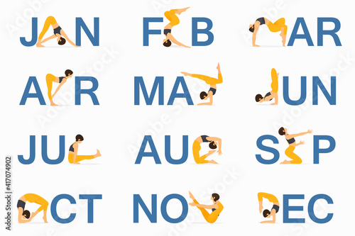 12 Yoga pose or asana posture for Calendar template design. Asana posture for calendar header template. Women exercising for body stretching in Month of Good Health concept. People cartoon flat design