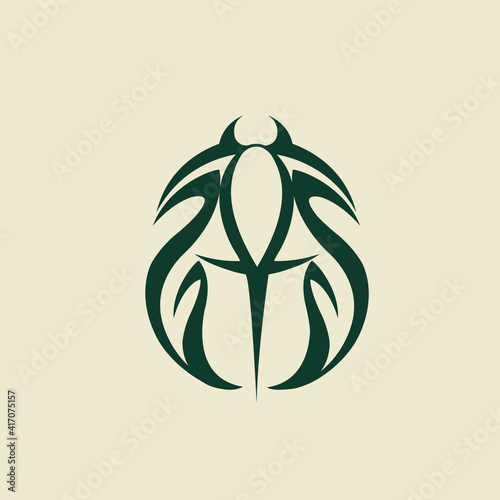 Scarab beetle insect icon.Flat color bug.Animal shape isolated on light background.Vector illustration.Abstract decorative style.Ornamental elements.Dark green color.