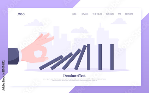 Domino effect business concept. Hand starts chain reaction of falling board game blocks of dominoes flat style vector illustration. Business bankruptcy or crisis, risk and finding solution metaphor.
