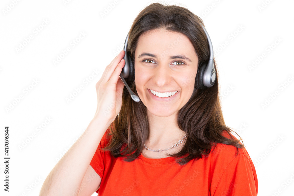 woman in call center tele phone marketer looking at camera isolated on white background woman in call center tele phone marketer looking at camera isolated on white background