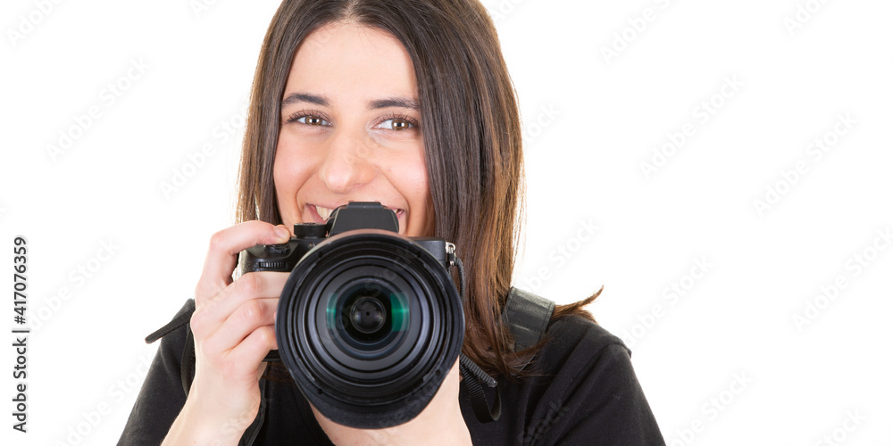 Portrait of woman girl photographer on a white background Portrait of woman girl photographer on a white background