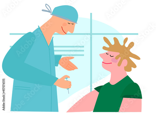 Vaccination time concept. Stop coronavirus concept. Doctor prepairing to inoculate male patient, making vaccine injection in shoulder. Vector illustration. Banner, poster, social media post