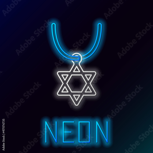 Glowing neon line Star of David necklace on chain icon isolated on black background. Jewish religion symbol. Symbol of Israel. Jewellery and accessory. Colorful outline concept. Vector.