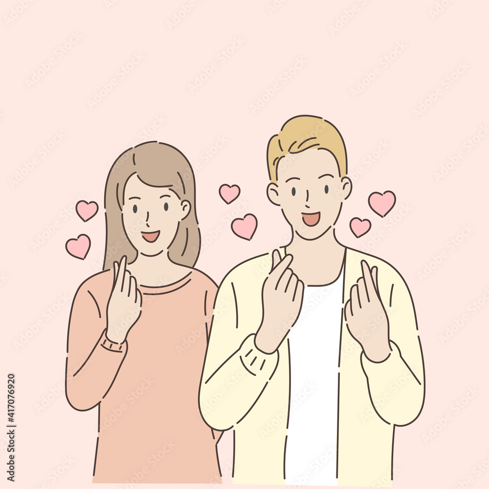 Young lovers give mini hearts. Valentine's day concept. Hand draw style. Vector illustration. Young lovers give mini hearts. Valentine's day concept. Hand draw style. Vector illustration.