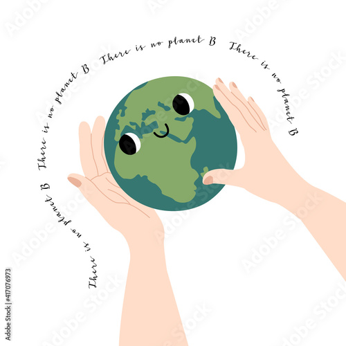 Cute planet Earth character with smiling face. Kawaii globe. Funny celestial body. Hands hold our planet. Happy Earth Day, Earth Hour, environment safety celebration. Vector flat cartoon illustration