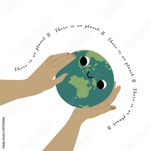 Cute planet Earth character with smiling face. Kawaii globe. Funny celestial body. Hands hold our planet. Happy Earth Day, Earth Hour, environment safety celebration. Vector flat cartoon illustration