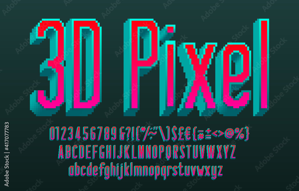 3D Pixel alphabet font. Digital narrow letters, numbers and ...